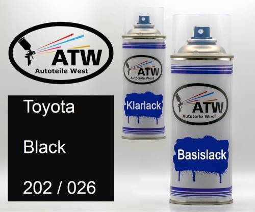 Toyota, Black, 202 / 026: 400ml Sprühdose + 400ml Klarlack - Set, von ATW Autoteile West.